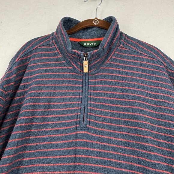 Orvis Quarter Zip Pullover Sweater Men's XXL Navy Blue Red Stripe Cotton Blend - Picture 2 of 10